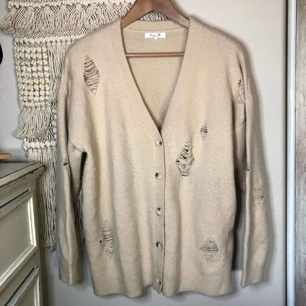 Honey Belle Tan Distressed Cardigan Sweater S